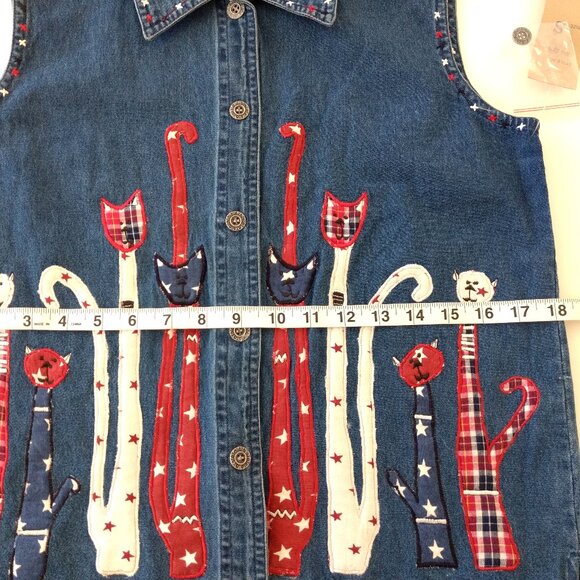 LIFE STYLE Vest Women's S Blue Denim Embroidered Cats Applique Button - Picture 13 of 14